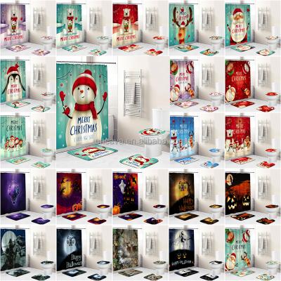 China Viable Cheap Price Custom Digital Christmas and Halloween Design 3d Printing Home Bathroom Shower Curtain and Mat Sets for sale