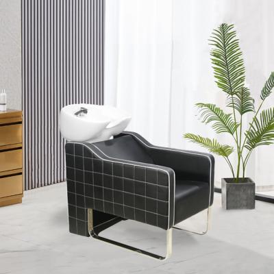 China Modern Italy Style Beauty Shampoo Backwash Units Gold Metal Shampoo Bed Chairs With Hairdressing Wash Basin for sale