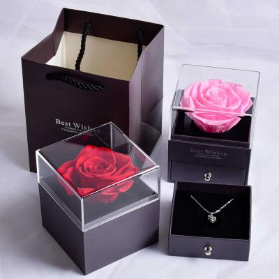 China 100% Fresh Flower Valentines Mother's Day Natural Eternal Rose Acrylic Box Preserved Rose Flowers In A Real Preserved Roses With Love You Necklace Gift Set for sale