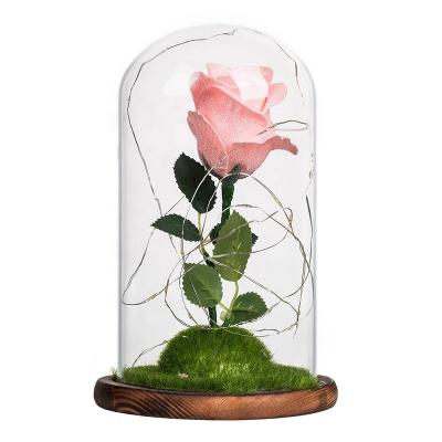 China Best Gift For One Loved Preserved Silk Rose USB Interface LED Light Gold Powder Artificial Flower In Glass Dome For Valentine Gift Mother's Day for sale