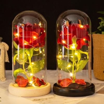 China Gift For Girls Valentine's Day Gift 1Pc Preserved Real Touch Artificial Silk Rose Flower With Led Lights In Glass Dome Cover for sale