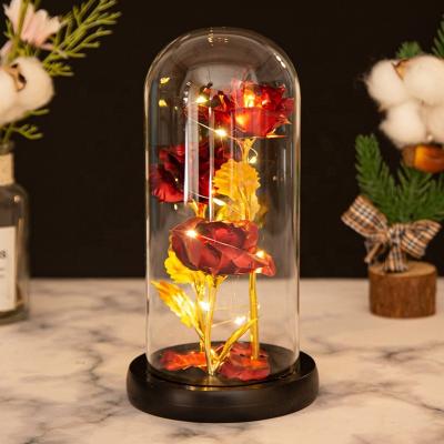 China Best Gift For One Loved One Holiday Enchanted Beauty 24k Gold LED Rainbow Light 3 Pcs Artificial Galaxy Foil Rose In Glass Dome For Valentine Mother's Day for sale