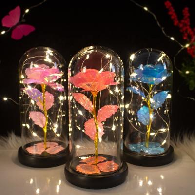 China Gift For Girls Rose In Glass Dome Artificial Flower Wholesale Colorful Flower Luminous Rose In Dome For Valentines Day Birthday for sale