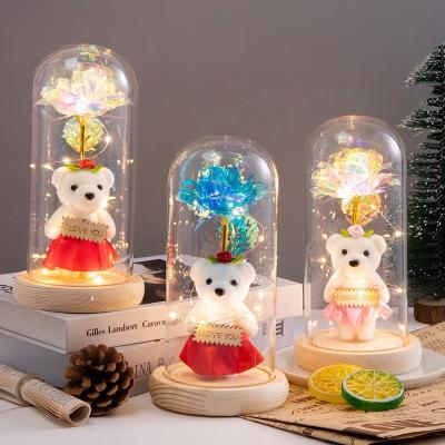 China Gift for Girls Galaxy Rose Flower Led Light Bear in Glass Dome Rose Flower Glass Dome With Wooden Base for sale