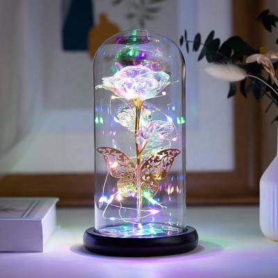 China Gift for Girls Valentine's Day Artificial Gifts Enchanted Gold Rose Flowers In Glass Dome Decorative Gold Foil Rose Led Lamp 24k With Lights for sale