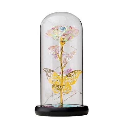 China Best Gift For One Loved Artificial Galaxy Rose Eternal Butterfly Light 24k Gold LED Rainbow In Glass Dome For Valentine Wedding Holiday Birthday Gift for sale