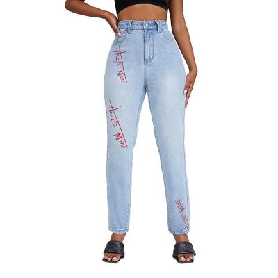 China Custom 2022 Breathable High Quality Casual Letter Printing High Waist Loose Jeans Women Pants With Pocket for sale