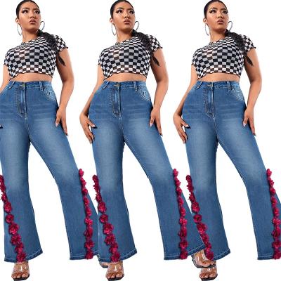 China Chic QUICK DRY Women's Floral Rose Petal Appliques Long Flare Bell Bottom Jeans Wide Leg Denim Pants For Women for sale