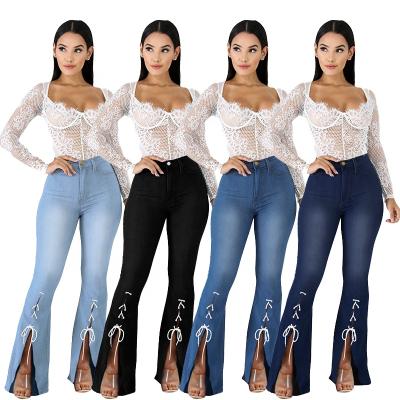 China PD9411 QUICK DRY distressed faded diet hem split flare jeans skinny denim bell bottom jeans with bow tie lace up for sale