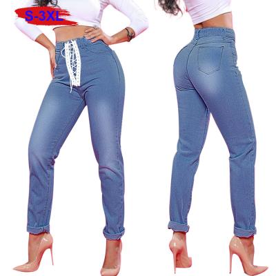 China New lace up breathable wholesale denim high waist stretch jeans mom panties ladies plus size skinny jeans women for sale