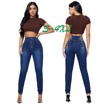 China QUICK DRY blue skinny jeans pants fashion thin waist lace up ripped jeans for women S-4XL for sale