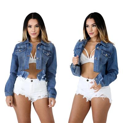 China PD9645 Anti-wrinkle Fashion Turn Down Collar Denim Jacket Ladies Crop Raw Edges Slim Fit Casual Jeans Jacket for sale