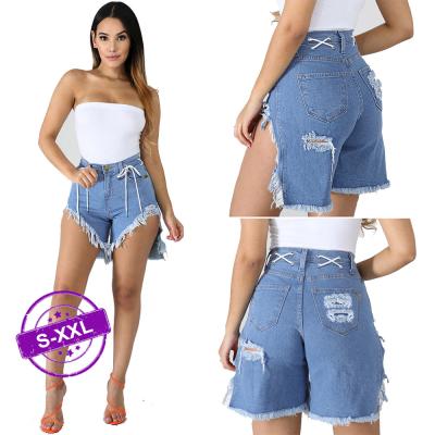 China 2022 Hot Wholesale Bandage Stretch Denim Breathable Blue Ripped Waist Jeans Shorts Women High for sale