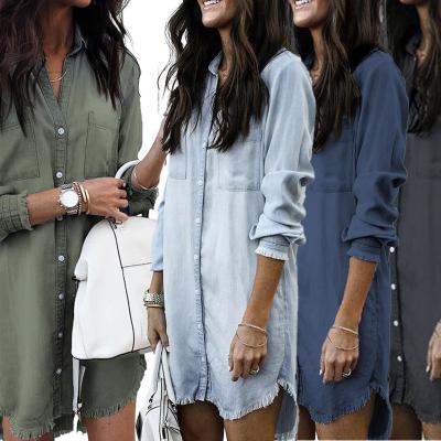 China Stylish Anti-Pilling Women's Widespread Collar Distressed Raw Fringed Edge Denim Shirt Casual Tunic Tops Long Sleeve Distressed Jean Dress for sale