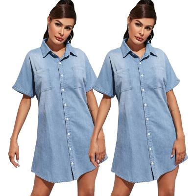 China Anti-pilling 3011 Fit Straight Loose Casual Button Down Jean Blouse Dresses Midi Denim Shirt Dress With Washed Sleeve Cuffed Short Light Blue for sale