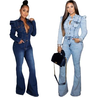 China 10060 Stylish fashion slim fit QUICK DRY flared jeans romper empire waist puff sleeve denim overalls long with slant side pockets for sale