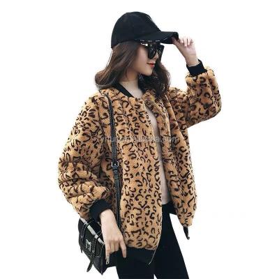 China FF035 Anti-wrinkle Fashion Lady Leopard Print Plush Bomber Jacket High End Faux Fur for sale