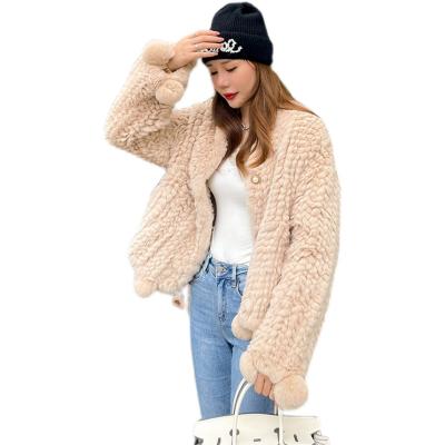 China YR1251 Fashionable Style Women Genuine Rex Rabbit Fur Knitted Coat With Fur Ball Pom Pom Fur Jacket for sale