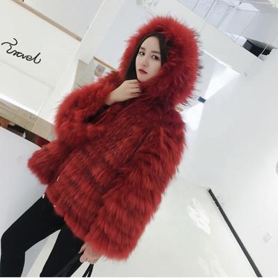 China YR1052 Raccoon Fur Casual Style Hooded Genuine Strips A-Shape Lady Jacket Breathable for sale