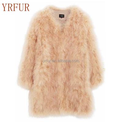 China Anti-wrinkle YR500 Hand Sew Women Winter Garment Turkey Long Fluffy Feather Jacket for sale