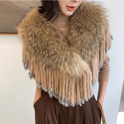 China YR279B Real Fox Fur Collar Detachable Fur Shawl With Rabbit Fur Tassel One Size for sale