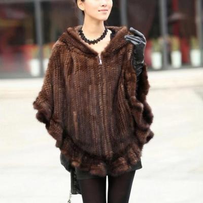 China YR732 Women's Fur Shawl Cape Ladies Mink Tail Hand Knit Real With Real Fur Hooded Poncho One Size Fur Stole for sale