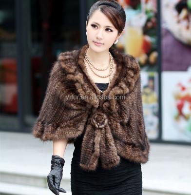 China YR331 Women Knitted Color Mink Fur Shawl Brown Fur Cape One Natural Size for sale