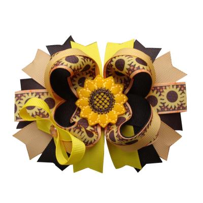 China Bright Colors Sunflower Hair Bow Yellow And Brown Sunflowers Hair Clip, 8Inch Layered Bow, Hair Clip Barrette Or Headband For Girl for sale