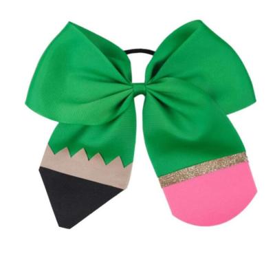 China Boutique Fashion Pencil Glitter Cheerleader Bows Back To School Barrettes Elastic Hair Rope For Kids Hair Accessories for sale