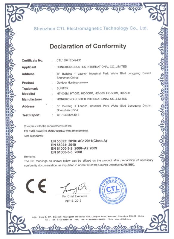 CE - HongKong Suntek International Co., Ltd.,