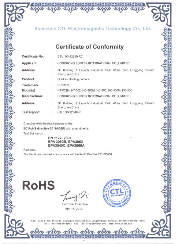 RoHS - HongKong Suntek International Co., Ltd.,