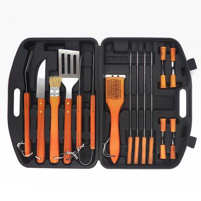 China Easily Cleaned 19 Piece Handle Wooden BBQ Tools Stainless Steel Outdoor Multifunctional Utensils GRILL Plastic Box Set for sale