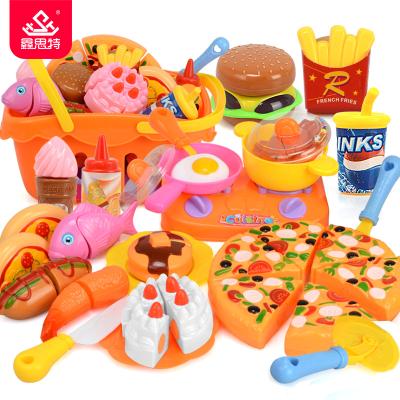 China Toy Kitchen Play Set Children Preschool Pretend Play Kitchen Food Toy Restaurant Hamburger Pizza Cake Cola Fruit and Vegetable Cutting Plastic Toy for sale