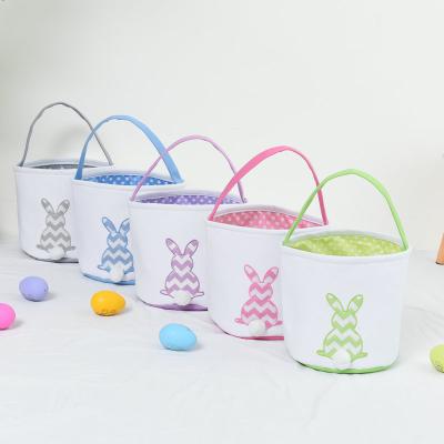 China Easter Party Egg Chasing Game Easter Party Home Decoration Rabbit Stripe Pattern Easter Egg Gift Bag Canvas Bucket with Handles for sale