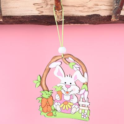 China Easter Party Home Decoration Easter Day Party Hanging Ornament Cartoon Wooden Easter Bunny With Carrots Decoration for sale