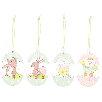 China Colorful Painted Easter Party Home Decoration Easter Party Wooden Ornament Hanging Eggs With Rabbit Chicken for sale