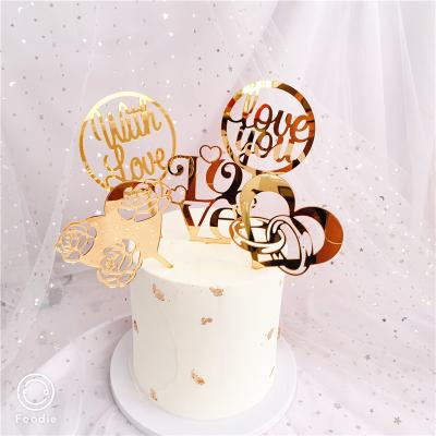 China Instagram Valentine's Day Party Cake Decorating Props Acrylic Love You Wedding Ring Rose Shape Gold Cake Topper for sale