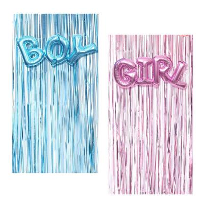 China Eco-friendly Baby Blue Pink Gender Reveal Balloon Decorative Wall Foil Fringe Backdrop Photo Booth Curtain For Baby Shower Party for sale