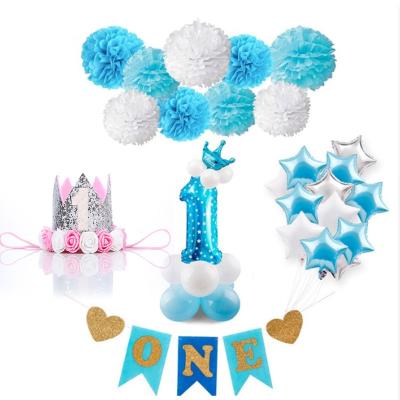 China 1st Birthday Party Backdrop Balloon Kit One Year Birthday Party Supplies 1st Birthday Decorative Number Star Foil Pom Pom Paper Crown Hat Props balloon party set for sale