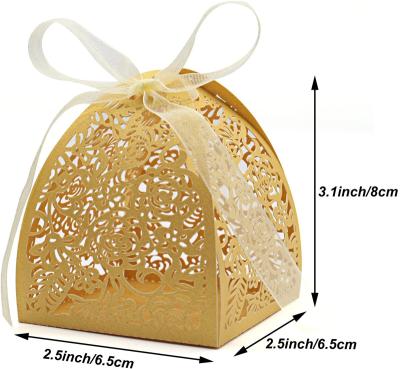 China Recycled Materials Laser Cut Hollow Mounted Lovers Favor Box For Bridal Shower Wedding Keepsake For Guests Candy Chocolate Paper Box With Ribbon for sale