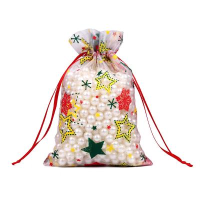 China Christmas Tree Decoration Gift Candy Bag Personalize Colorful Yarn Organza Print Christmas Candy Storage Gift Hanging Bag For Tree Backdrop Wall Decoration Ornament for sale