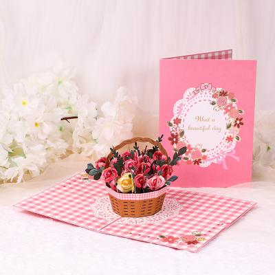 China Europe Custom Printing Flower Basket 3d Romantic Pink Pop Up Greeting Lovers Wedding Birthday Postcard Mother Teacher's Day Gift Voucher for sale