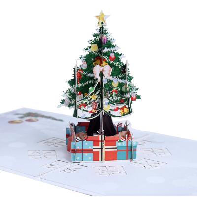 China Wholesale Europe 15*15cm Color Merry Christmas 3d Tree Shape Blue Pop Up Folding Greeting Card for sale