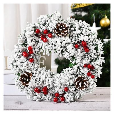 China Christmas Door Wall Decoration 32cm PVC Artificial White Snow Pine Cones Weave Large Garland Decoration Supplies for sale