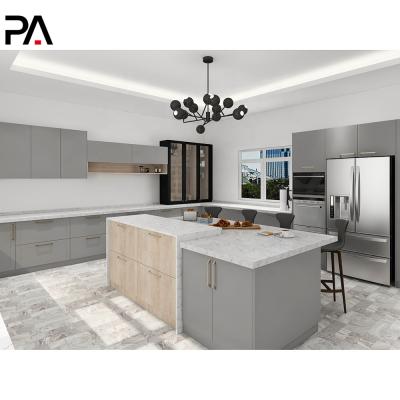 China PA Contemporary Wood Design Matte Light Gray Modern Kitchen Furniture for sale