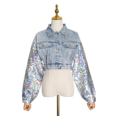 China New Product Viable Autumn Streetwear Lapel Collar Long Sleeve Women Denim Sequin Jackets for sale