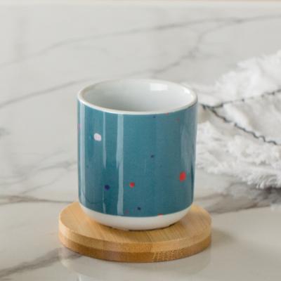 China Viable Modern Decal Design Small Milk Coffee Tea Cup Porcelain Breakfast Cup With Wood Stand for sale