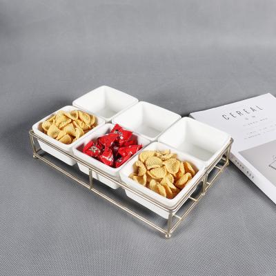 China Morden Luxury Wholesale Decorative White Ceramic Serving Snack Bowls Set of 6 with Metal Stand for sale