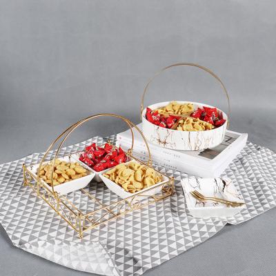 China Morden Fashion Luxury Design Ceramic Compartment Fruit Nuts Snack Basket With Metal Hanging for sale