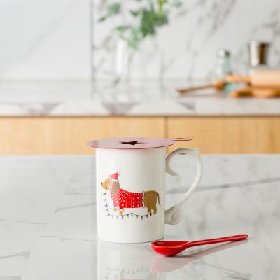 China Good Viable Choose Gift Cute Cartoon Dog Christmas Ceramic Mug With Cover And Spoon for sale